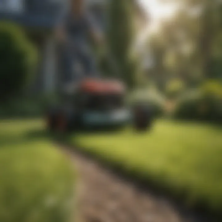 Lawn being fertilized with a spreader