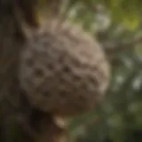 Close-up view of a wasp nest hanging from a tree branch