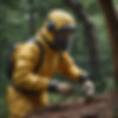 Person donning protective gear before approaching a wasp nest