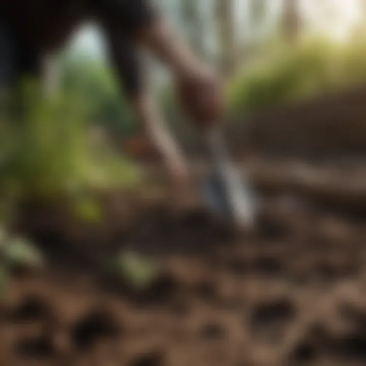 Healthy soil rich in organic matter with garden tools