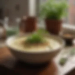 A bowl of creamy grits garnished with fresh herbs