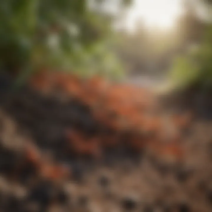 A close-up of a fire ant colony in a garden
