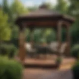 A beautifully designed gazebo attached to a wooden deck in a serene backyard setting.
