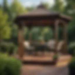 A beautifully designed gazebo attached to a wooden deck in a serene backyard setting.