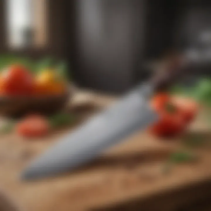 A close-up view of a professional chef's knife on a wooden cutting board