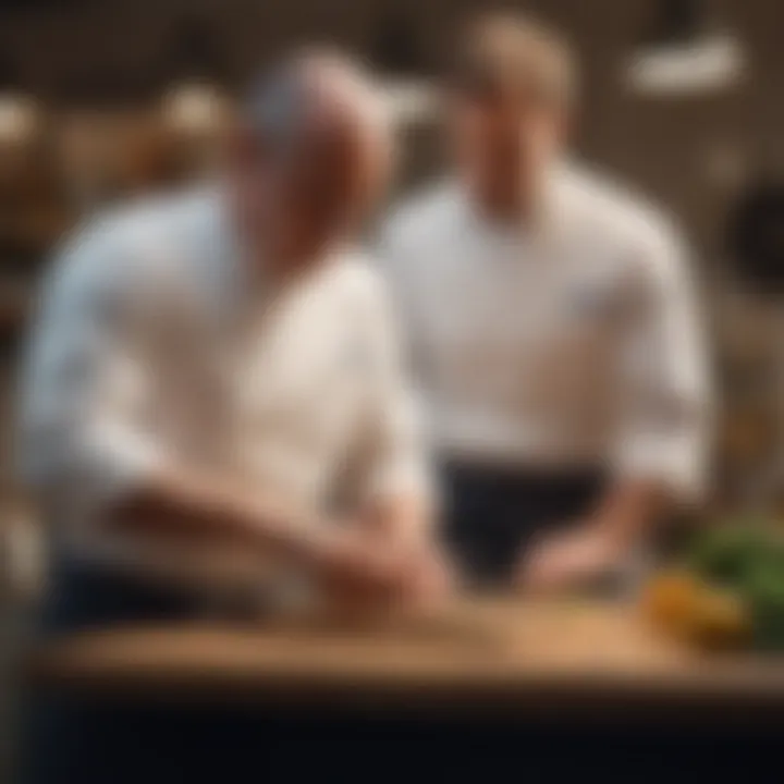 A chef sharpening their knife with a honing rod in a well-lit kitchen