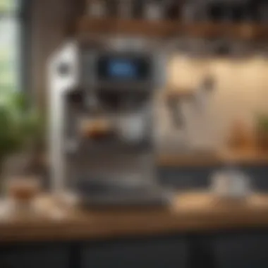 A steaming cup of coffee next to a well-designed drip coffee machine in a cozy kitchen setting