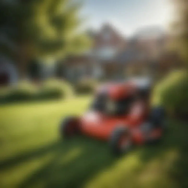 A gas push mower in action cutting grass on a sunny day