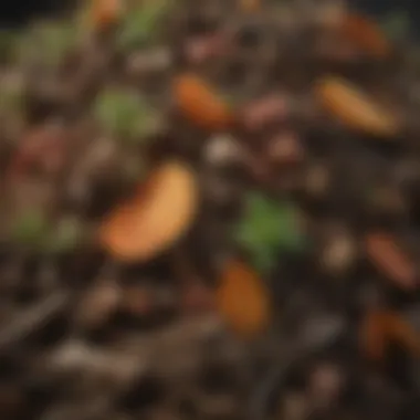 Close-up of compost pile showcasing layers and textures