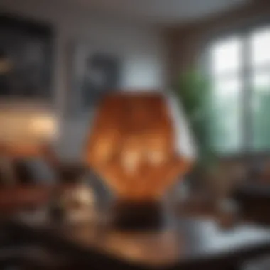 Unique geometric lamp shade illuminating a cozy living room