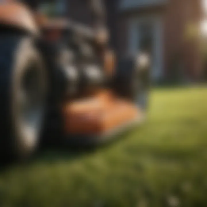 Close-up of a mower cutting grass, highlighting its cutting mechanism.