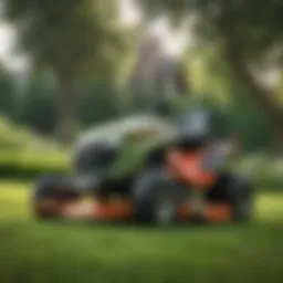 Modern riding lawn mower in action on a lush green lawn