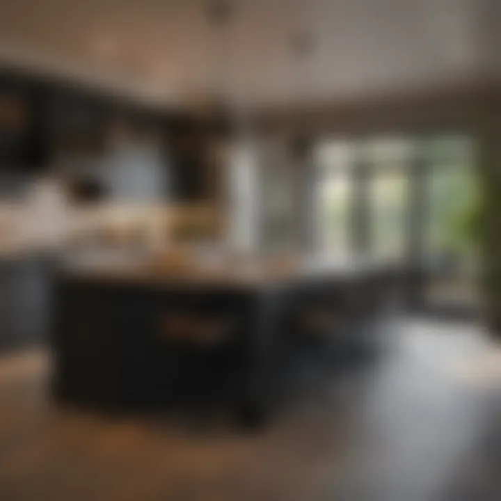 A well-lit kitchen island featuring black pendants creating a cozy atmosphere