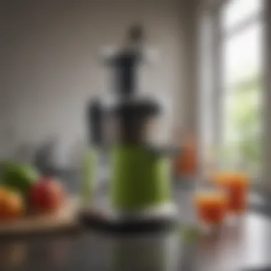 A close-up of a Breville juicer in action, demonstrating its functionality