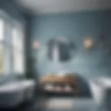 A serene bathroom with soft blue walls and natural light