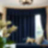 Elegant curtains in rich navy blue against cream walls
