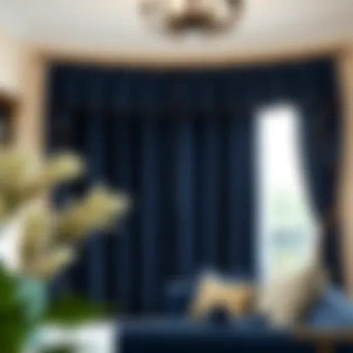 Elegant curtains in rich navy blue against cream walls