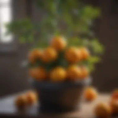 Close-up of citrus fruits on a potted tree