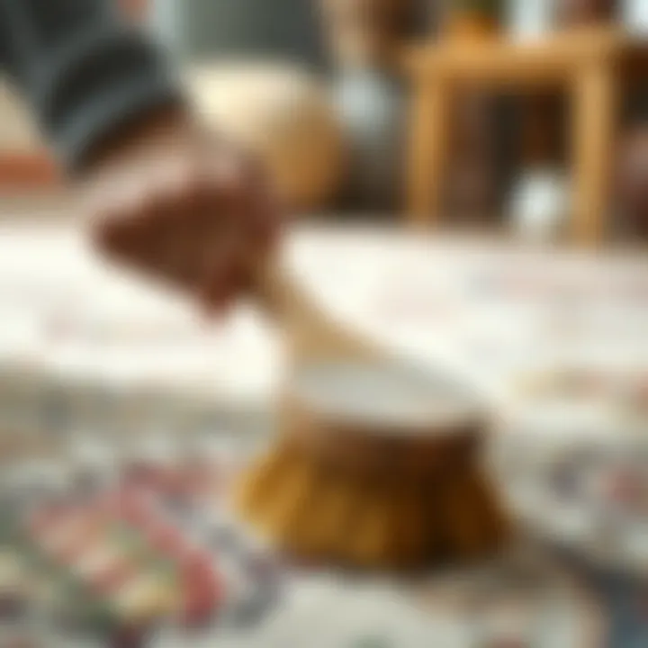 A person brushing a rug with a soft bristle brush.
