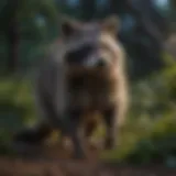 A raccoon exploring a garden at night