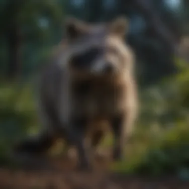 A raccoon exploring a garden at night