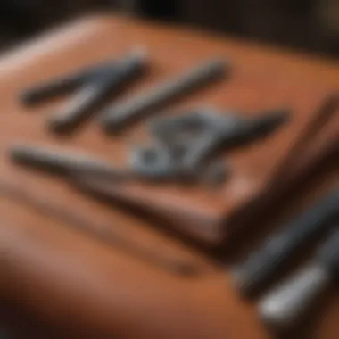 Close-up of leather repair kit with tools