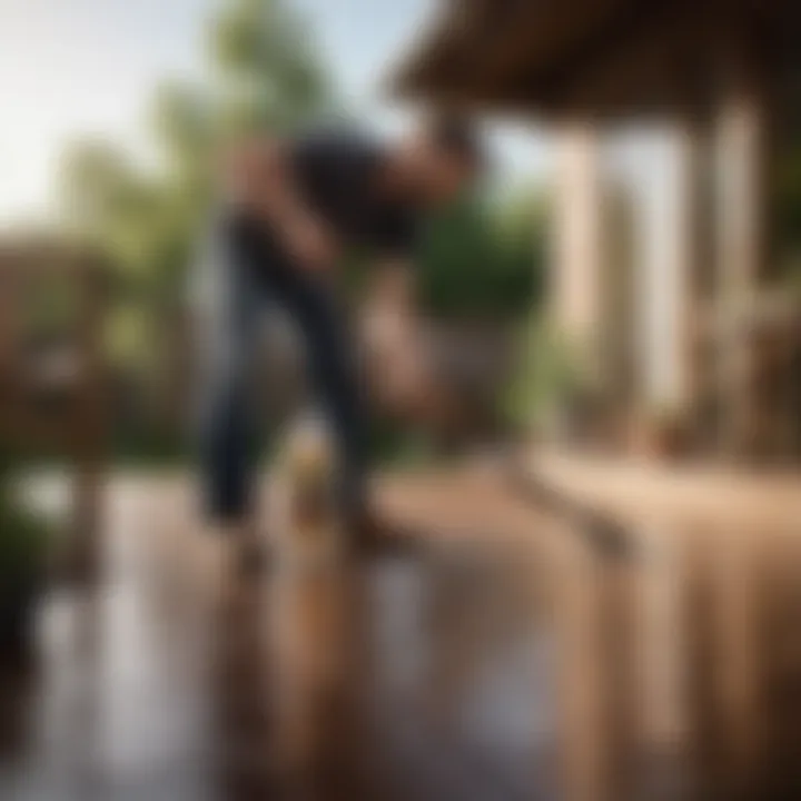 User applying outdoor wood cleaner with a brush on a patio