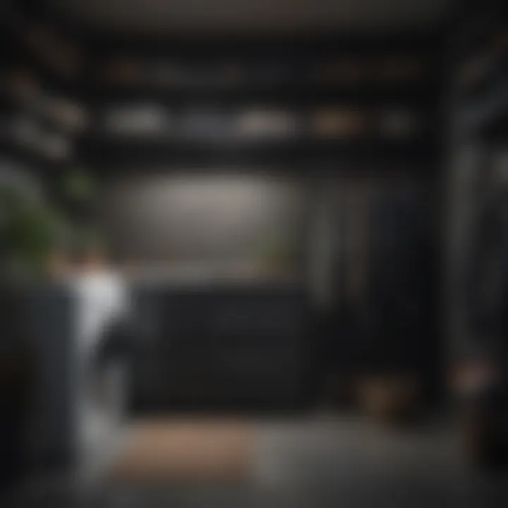 A neatly organized wardrobe showcasing dark clothing