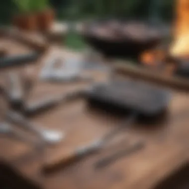 Close-up of essential grill maintenance tools on a wooden surface.