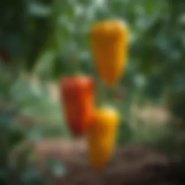 Ripened sweet peppers hanging on the plant, ready for harvest