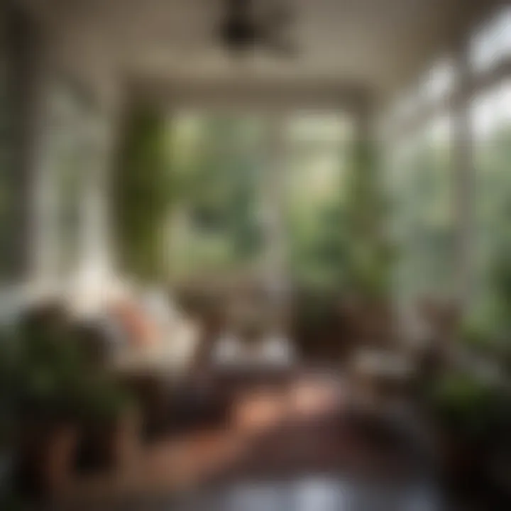 A serene sun porch with plants and furniture, highlighting maintenance aspects