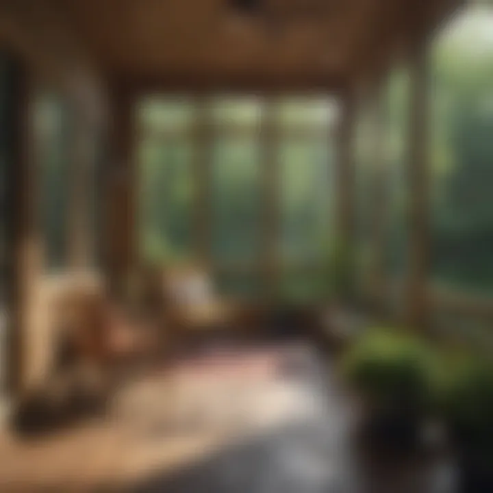 Various materials used for building a sun porch, including wood and glass
