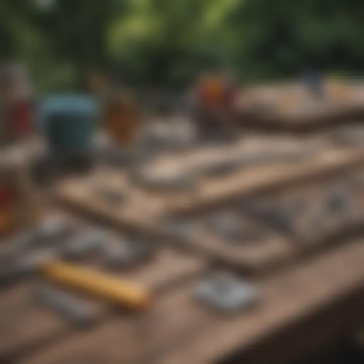 An organized workspace with tools and materials for deck construction