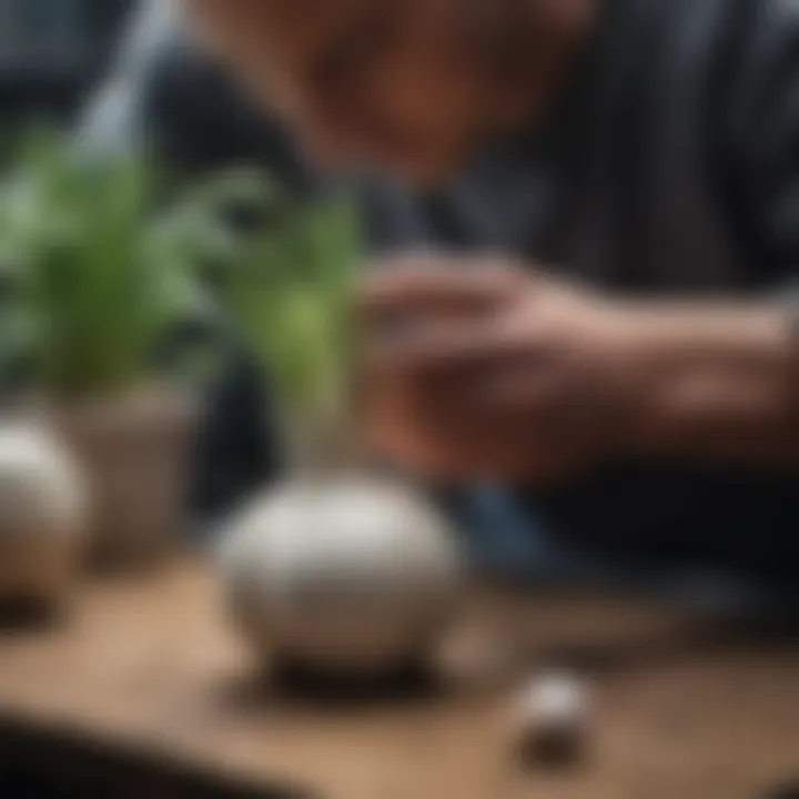Gardener tending to container-grown garlic
