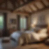 Cozy country chic bedroom with rustic wooden beams and soft textiles.