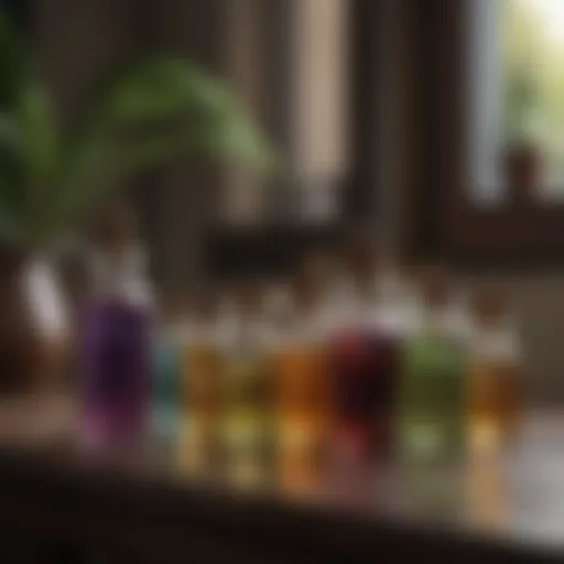 An assortment of essential oils in elegant glass bottles