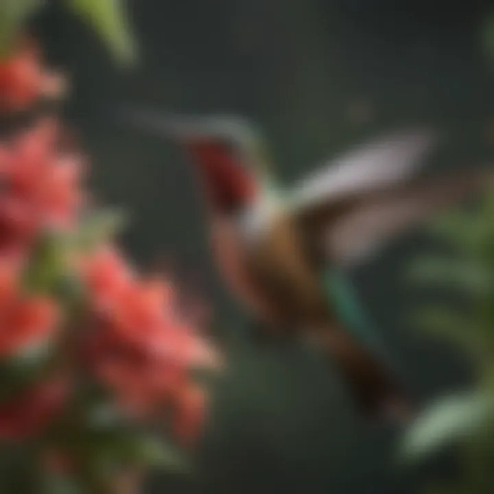 Close-up of hummingbirds drinking nectar from vibrant flowers