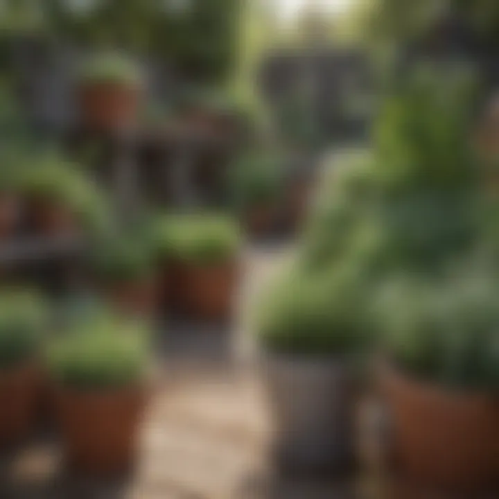 An organized herb garden layout with labeled pots
