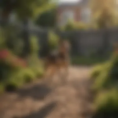 A happy dog playing in a fenced yard