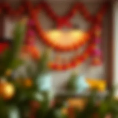 Vibrant wall arrangement featuring colorful garlands and ornaments