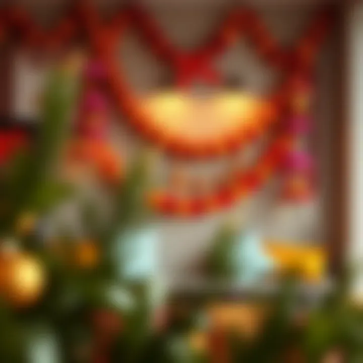 Vibrant wall arrangement featuring colorful garlands and ornaments