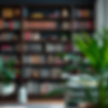 An open bookcase filled with colorful books and decorative accents