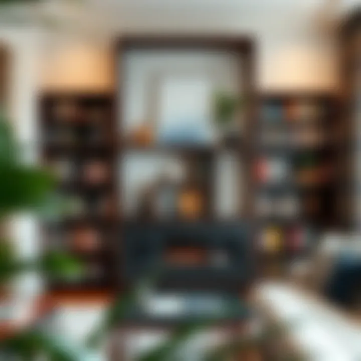 A modern bookcase with unique shelving designs in a cozy reading nook