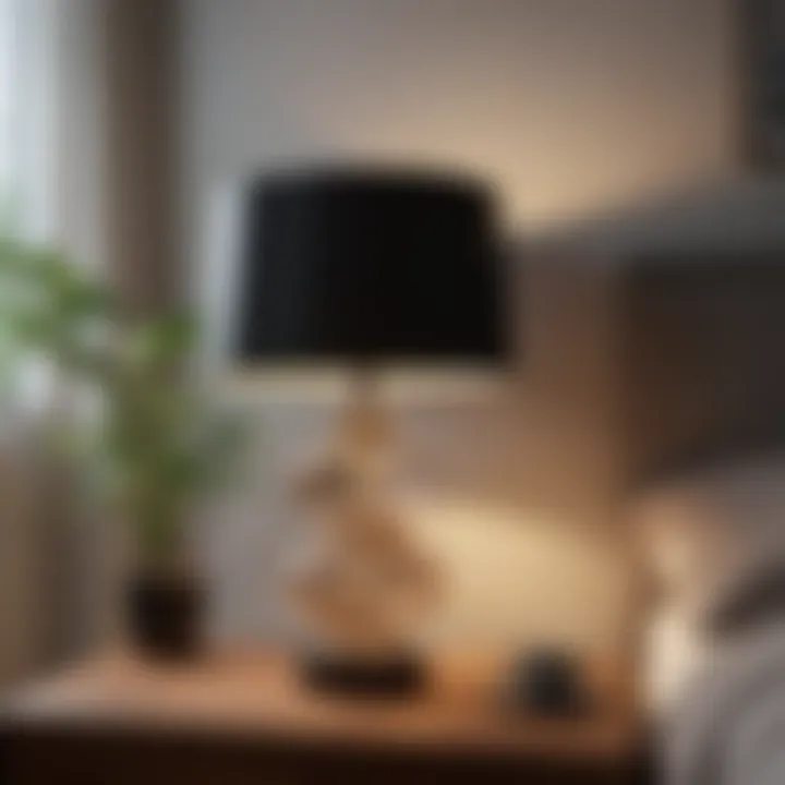 A bedside table lamp with a unique design illuminating a tranquil space