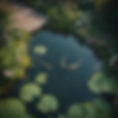 An aerial view of a garden pond with fish and water lilies, illustrating natural beauty.