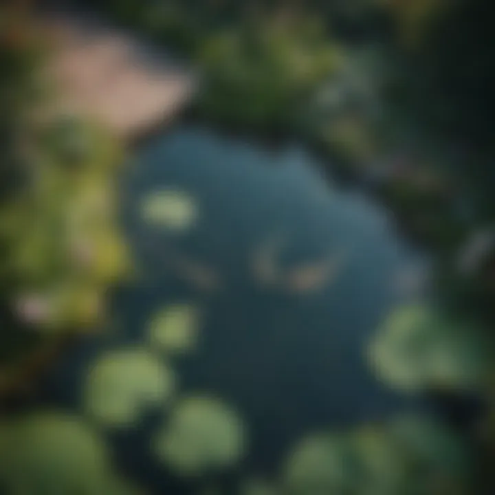 An aerial view of a garden pond with fish and water lilies, illustrating natural beauty.