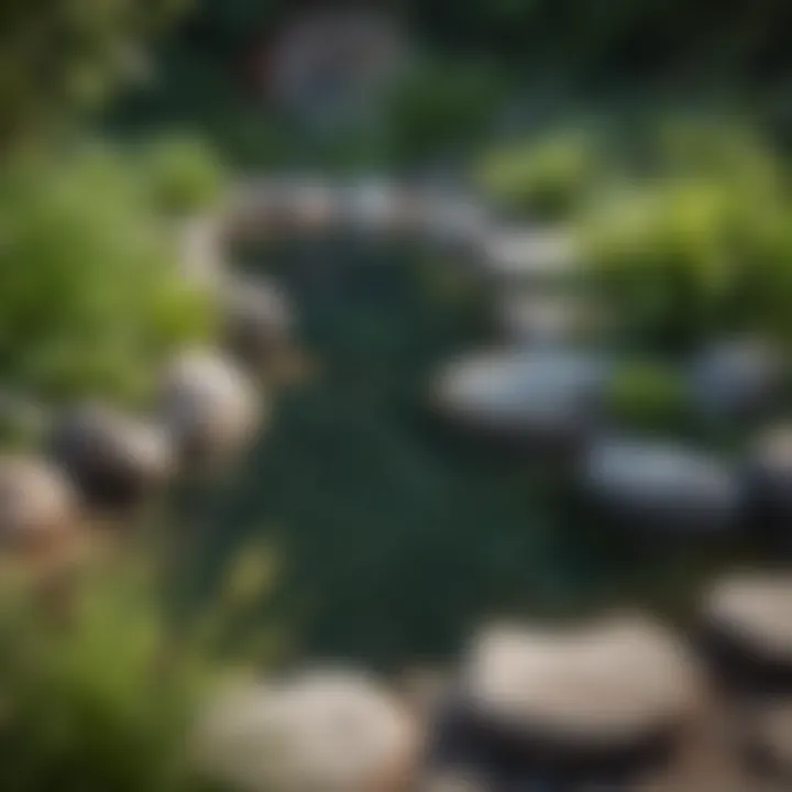Close-up of a pond with clear water, showcasing aquatic plants and decorative stones.