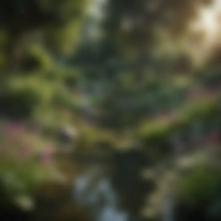 A serene pond in a beautifully landscaped garden, surrounded by vibrant plants and flowers.