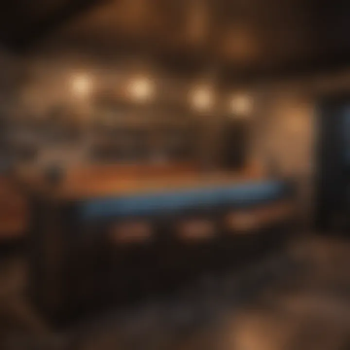 Cozy basement bar seating area with ambient lighting