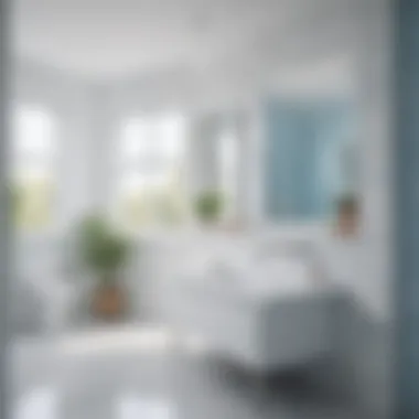 A bright small bathroom reflecting natural light with a white and blue color scheme.